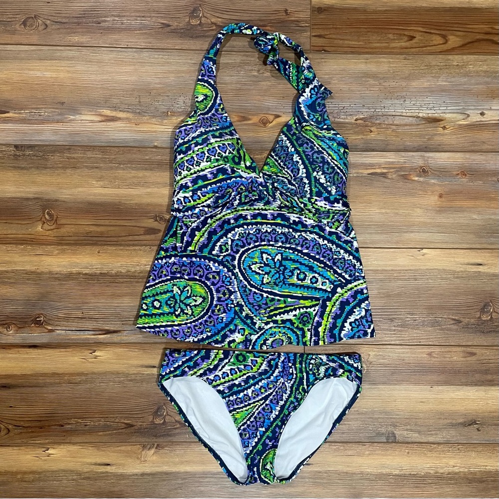 Ralph Lauren Swimsuit Matching Tankini Top Bikini Bottoms Sz 8 Blue Green Halter
